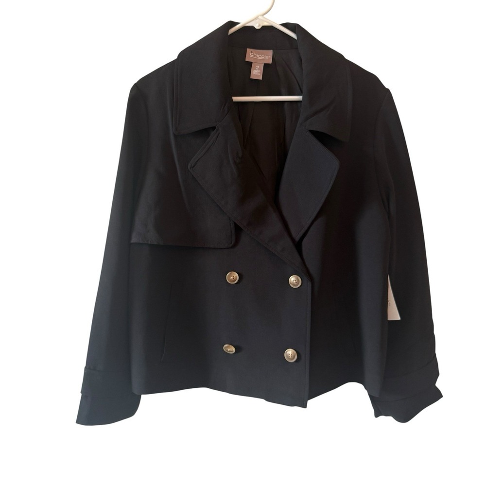 Chico's Black Cropped Trench Jacket Coat Womens Size 2 Large Soft Stretch